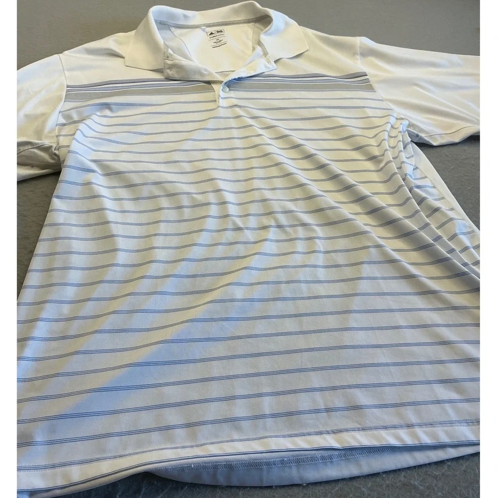 Adidas Vintage Polo Shirt White Blue Striped Short Sleeve Mens XL Golf Athletic